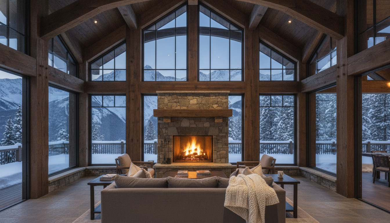 Inside, the gable frames the mountain like a painting.